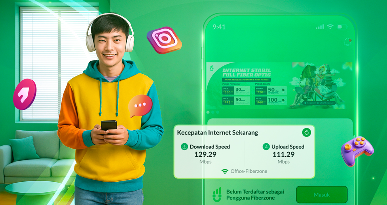 Fiberzone Promotion - Young man with headphones showing internet speed test